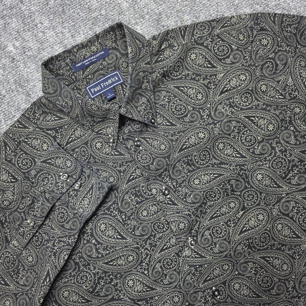 Paul‎ Fredrick Mens Large Paisley Button Down Shirt Black Tan Long Staple Cotton